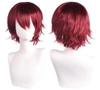 SUXUMHAO Peluca unisex de anime, pelo corto, cosplay, anime, peluda con capas, resistente al calor, sintético, disfraz, fiesta, graduación, pelucas, con flequillo, color rojo vino