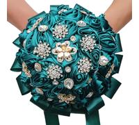 SUXUMHAO Ramo de novia de lujo hecho a mano con rosas de seda grandes que sostienen flores artificiales, ramo de novia vintage real (verde oscuro)