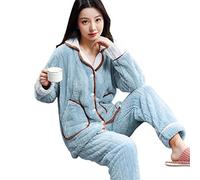 SUYGGCK Conjuntos de pijama de flores bordadas de forro polar para mujer de invierno térmico de terciopelo coral tierno de un solo pecho bolsillos simples ropa de dormir pijama grueso-azul, M