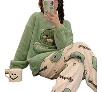 SUYGGCK Pijama de Forro Polar Otoño Invierno Cálido de Flanela para Mujer, Conjunto de Dos Piezas con Pantalón de Manga Larga, Conjunto Lindo y Suave para el Hogar, Ropa para Mujeres - R Q 8858, XL