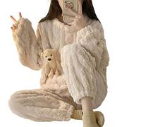 SUYGGCK Pijama de forro polar para mujer, conjuntos de pijama de franela con cuello redondo, ropa de dormir de manga larga, terciopelo coral, cómodo, holgado, para descansar, dulce-1 conjuntos, L
