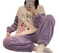 SUYGGCK Pijama de forro polar para otoño e invierno, conjunto de pijama de franela cálida para mujer, pantalones de manga larga, conjunto de dos piezas, lindo y suave, ropa para el hogar, R Q 8851, L