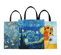 SuyuanArt Paquete de 3 bolsas de lona Van Gogh, estéticas, reutilizables, para niñas y mujeres, noche estrellada, girasol, flor de almendro