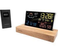 Thomson Despertador estación meteorológica, Doble alarma, USB-C, Sonda inalámbrica, Madera oscura