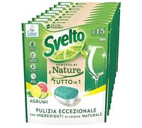 Svelto Powered By Nature Todo en 1 Pastillas Lavavajillas Limpieza Excepcional Perfume Cítricos Acción Desengrasante Hidrosolubles con Ingredientes de Origen Natural - 9 Paquetes de 15 Pastillas