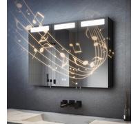 SVNR Armario con espejo de 90 x 65 cm con iluminación LED para baño, armario de 3 puertas, iluminación con Bluetooth, interruptor táctil, antivaho y enchufe, color negro mate
