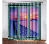 SVTUSR Cortinas Aislantes Termicas Ventana 2 Piezas con Ojales, 3D Paisaje del Atardecer sobre El Puente De Madera del Océano. Patrón Cortinas Opacas para Habitacion Y Dormitorio Infantil Decoració