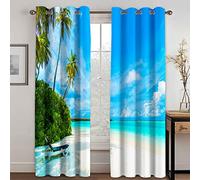 SVTUSR Cortinas Aislantes Termicas Ventana para Infantil 2 Piezas con Ojales 140X160Cm 3D Paisaje De Cielo Azul Y Playa De Arena Patrón Cortinas Opacas Habitacion Salón Dormitorio Decoración De La