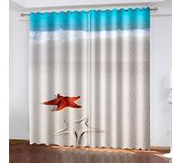 SVTUSR Cortinas Aislantes Termicas Ventana para Infantil 2 Piezas con Ojales 200X214Cm 3D Océano Azul, Playa De Arena Blanca, Estrellas De Mar. Patrón Cortinas Opacas Habitacion Salón Dormitorio De