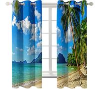 SVTUSR Cortinas Habitacion Dormitorio 3D Cielo Azul, Nubes Blancas, Lagos Y Cocoteros. Patrón Cortinas Opacas Termicas Aislantes Frío Y Calor Reduccion Ruido Proteccion Intimidad para Hogar, 2 Pane