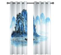 SVTUSR Cortinas Opacas para Ventanas Salon 3D Paisaje A Mano Alzada En Azul Y Blanco Patrón Cortinas Habitacion Infantil Decoración para Dormitorio Termicas Aislantes Frio Y Calor 200X214Cm 2 Piezas