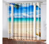 SVTUSR Cortinas Salon Modernas 2 Piezas Cortinas Opacas Termicas Aislantes Frio Y Calor con Ojales 264X214Cm 3D Balcón Blanco con Vista Al Mar Patrón Opacas para Ventanas Dormitorio