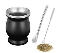 SVUPUE Taza de Mate Con Cuchara de Paja y Cepillo de Limpieza, Juego de Té, Apto Para Café, Leche y Jugo, Negro