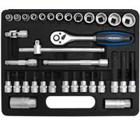 SW-Stahl 06520L Juego de llaves de vaso de 3/8 pulgadas 34 pzs I Caja de carraca I Caja de tuercas con dentado fino de carraca I Llaves de vaso hexagonales