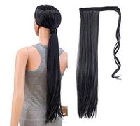 SWACC Extensión de cola de caballo para mujer, larga, lacia/rizada, ondulada, con clip, extensiones de pelo sintético (liso, 1B#-negro apagado)
