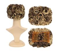 SWACC Extensión de moño corto y rizado, fácil de estirar, con clip, coleta, bandeja para coleta, coleta, coleta, coleta, extensiones para coleta (rubio oscuro mezclado con marrón oscuro -9H19#)