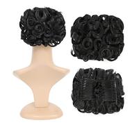 SWACC Extensión de moño corto y rizado, fácil de estirar, con clip, coleta, bandeja para coleta, coleta, coleta, coleta, coleta, extensiones (negro apagado, 1B#)