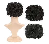 SWACC Extensión de moño corto y rizado, fácil de estirar, con clip, coleta, bandeja para coleta, coletero (color natural cercano al negro-2#)