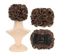 SWACC Extensión de moño corto y rizado, fácil de estirar, con clip, para coleta, coletero, bandeja para coleta, coletero (marrón ceniza medio, n.º 8)