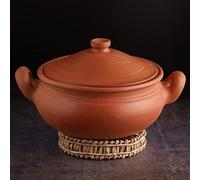 Swadeshi Blessings Olla de arcilla sin esmaltar para cocinar y servir con tapa/tierra Kadai/barro Handi/Mitti Ke Bartan (con brillo espejo) + ceniza para limpiar (4 litros)