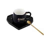 Swadeshi Desire Be Mine - Taza de café de cerámica impresa con platillo y cuchara en forma de corazón, regalo para cumpleaños de niños y niños (negro)