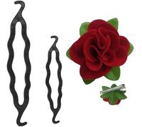 Swadeshi Desire Juego de 2 moños para hacer moños (negro), con pinza para el pelo de flores rojas de tela, accesorios para el pelo para niñas y mujeres