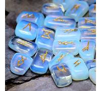 Swadeshi Desire Juego de piedras preciosas de opalita con alfabeto Futhark antiguo grabado para runas de equilibrio de chakras con bolsa y símbolo de runa. Tamaño: aplicación de 20-25 mm.