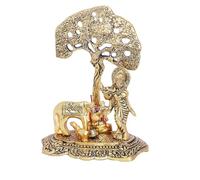 Swadeshi Desire - Krishna de metal con vaca Kamdhenu de pie debajo del árbol, flauta de regalo, pieza decorativa para decoración del hogar y la oficina (metal, dorado)