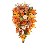 Swag de otoño, 21.7x12.6 Swag de lágrima Artificial de otoño, Corona Colgante de Puerta con Hoja de Arce de peonía con Lazo de Bayas y Cuadros para decoración de Chimenea del hogar en Forma de lágr