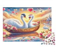 Swan Adult Jigsaw Puzzles Swans in Golden Boat with Roses for The Whole Family Women, Gifts for Men 52x38cm 1000pcs