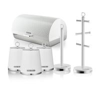 Swan Elegance EEJB445 - Paquete de almacenamiento de cocina con panera de 14 L y juego de 3 botes de almacenamiento de cocina, poste de toalla y árbol de tazas, color blanco