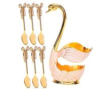 Swan Holder Tableware Set, Coffee Spoons Tea Spoons Dessert Forks Fruit Spoon Set with Elegant Swan Base, Food Grade Zinc Alloy Cutlery for Home Party Cafe Restaurant Gift (blanco dorado + cuchara)