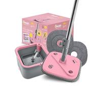 Swan Lynsey SWFC1002QOCN - Mopa giratoria turbo con ciclo de centrifugado de 360°, dos depósitos de agua de 2,5 L, mango plegable, almohadilla de microfibra y cabezales lavables a máquina, rosa y gris