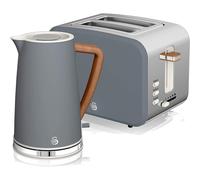Swan Nordic Set Desayuno Hervidor de agua inalámbrico 1,7L 2200W, Tostadora Pan ranura ancha 2 rebanadas, 3 funciones, diseño moderno, efecto madera, gris