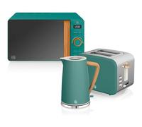 Swan Nordic Set Desayuno Hervidor de agua 1,7L 2200W, Tostadora Pan ranura ancha 2 rebanadas, Microondas 20L digital, diseño moderno, efecto madera, verde