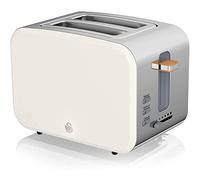 Swan Nordic Tostadora Pan ranura ancha 2 rebanadas, 3 funciones, 6 niveles de tostado, diseño moderno acero inoxidable, tirador efecto madera, blanco mate