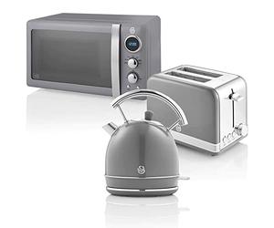 Swan Retro Set Desayuno Hervidor de Agua 1,8 L, Tostadora Pan Ranura Ancha 2 Rebanadas, Microondas Digital 20L, 6 Niveles de Potencia,Temporizador, Puerta Espejo, Diseño Vintage, Gris