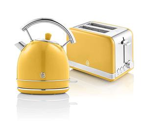 Swan Retro Set Desayuno Hervidor de Agua 1,8L Inalámbrico con Resistencia de Acero Inoxidable, Tostadora Pan Ranura Ancha 2 Rebanadas, Regulador 6 Niveles de Tostado, Diseño Vintage, Amarillo