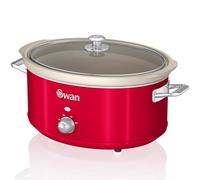Swan Retro SF17031RNEU Olla Cocción Lenta 6,5L Recipiente Extraíble Antiadherente Cerámica libre PFOA y PTFE 3 Niveles Temperatura Tapa Vidrio Slow Cooker Diseño Vintage Rojo 320W