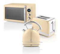 Swan Retro Set Desayuno Hervidor de Agua 1,8 L, Tostadora Pan Ranura Ancha 2 Rebanadas, Microondas Digital 20L, 6 Niveles de Potencia, Temporizador, Puerta Espejo, Diseño Vintage, Crema