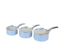Swan Retro SWPS3020BLN Batería Cocina 3 Cazos 16 18 20cm, 3 Tapas Vidrio, Aluminio Prensado 3mm, Inducción, Antiadherente Cerámica libre PFOA y PTFE, Apta para todas las Cocinas, Vintage, Azul