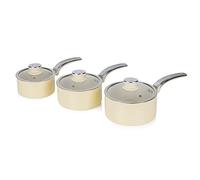 Swan Retro SWPS3020CN Batería Cocina 3 Cazos 16 18 20cm, 3 Tapas Vidrio, Aluminio Prensado 3mm, Inducción, Antiadherente Cerámica libre PFOA y PTFE, Apta para todas las Cocinas, Vintage, Crema