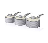 Swan Retro SWPS3020GRN Batería Cocina 3 Cazos 16 18 20cm, 3 Tapas Vidrio, Aluminio Prensado 3mm, Inducción, Antiadherente Cerámica libre PFOA y PTFE, Apta para todas las Cocinas, Vintage, Gris
