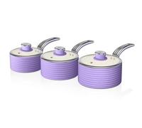 Swan Retro SWPS3020PURN Batería Cazos 16 18 20cm, 3 Tapas Vidrio, Aluminio Prensado 3mm, Inducción, Antiadherente Cerámica Libre PFOA y PTFE, Apta para Todas Las Cocinas, Vintage, Morado