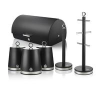 Swan Serenity EEJB446 - Paquete de almacenamiento de cocina con panera de 14 L y juego de 3 botes de almacenamiento de cocina, poste de toalla y árbol de tazas, color negro