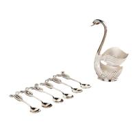 Swan Shaped Dessert Forks Set,6 Stainless Steel Forks with Holder for Ice Cream,Fruit,Snacks,Elegant Dinnerware Organizer,Cute Tableware Gift (Silver spoon)