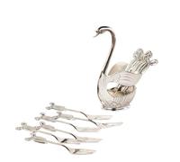 Swan Shaped Dessert Forks Set,6 Stainless Steel Forks with Holder for Ice Cream,Fruit,Snacks,Elegant Dinnerware Organizer,Cute Tableware Gift (Silver fork)