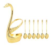Swan Spoon Holder Set | Zinc Alloy Fruit Dessert Spoons with Carved Holder | Kitchen Tableware for Home/Cafe/Wedding Supplies | 6 Spoons, Food Grade (Patrón dorado con 6 cucharas.)