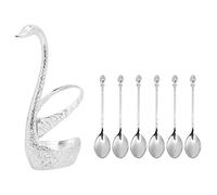 Swan Spoon Holder Set | Zinc Alloy Fruit Dessert Spoons with Carved Holder | Kitchen Tableware for Home/Cafe/Wedding Supplies | 6 Spoons, Food Grade (Patrón plateado con 6 cucharas.)
