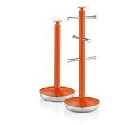 Swan SWKA1054ON - Barra de Toalla Retro y árbol para Tazas, Base Pesada, Juego de Almacenamiento de Cocina con Detalles cromados, Naranja